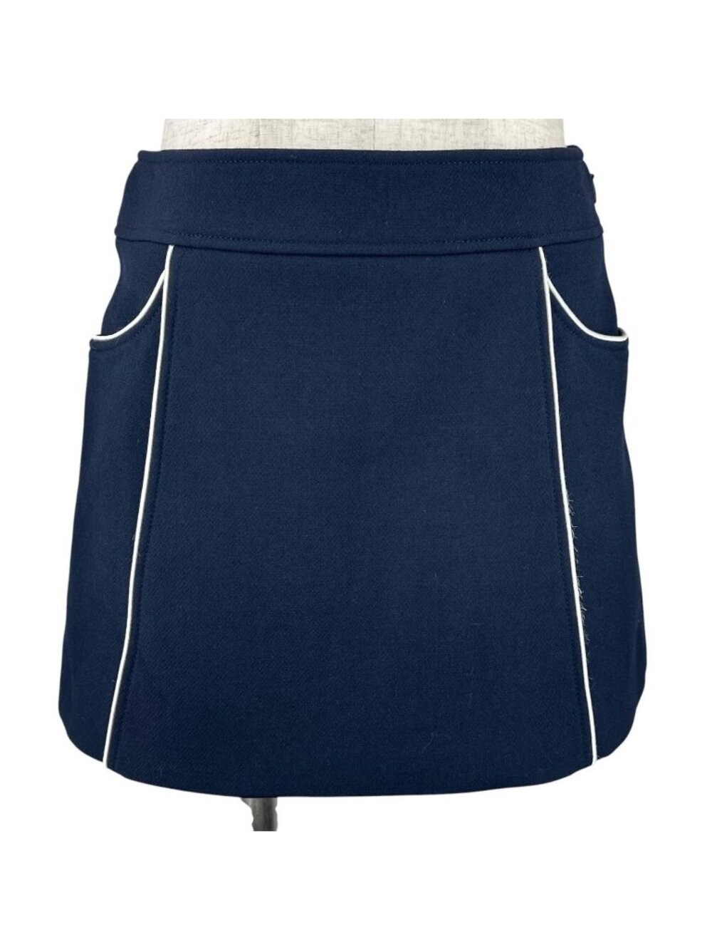 Celine Wool 100% Piping Trapeze Mini Skirt Navy White 34
